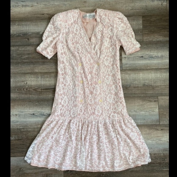 Vintage Pink Lace Overlay Drop Waist Button Down Vneck Dress Shoulder Pads - Picture 10 of 10